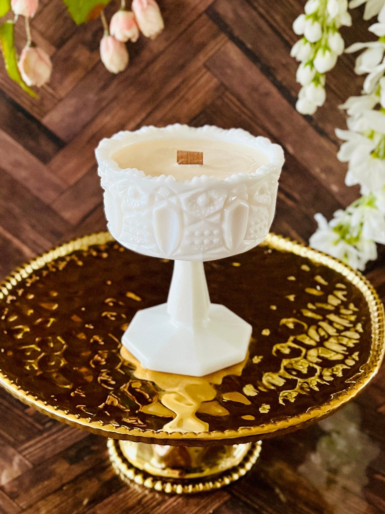 On a Pedestal - Milk Glass - Modern Vintage Candle